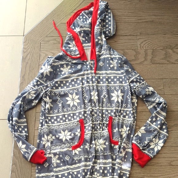 Christmas Pajamas Snowflake Pattern Xmas Adult Women Hooded Sleeper XL New - Picture 2 of 5